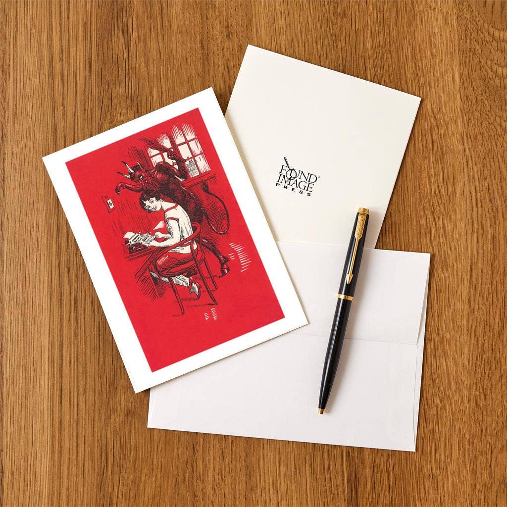 Found Image Press - Wholesale Stationery/Notecard Set - Greeting Card DM-29 Smiling Typist with Looming Devil1