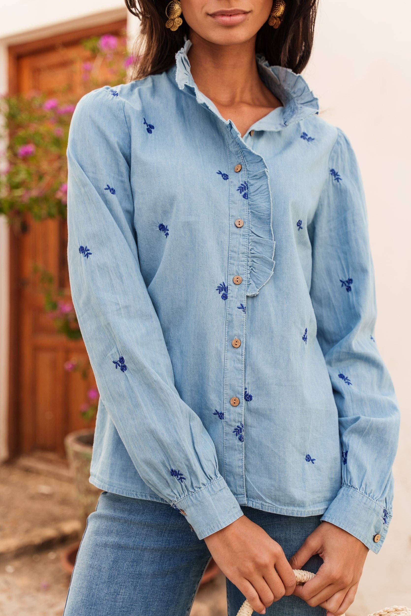 ONADO - Wholesale Button Down Shirt - Women's - Floral embroidered cotton shirt - Azura1