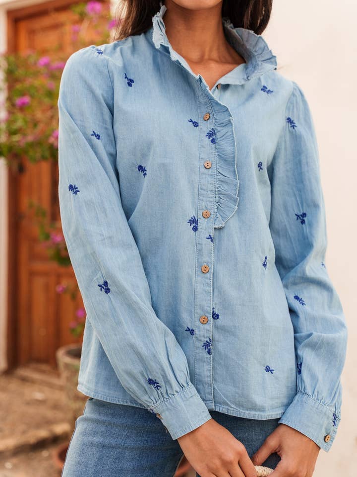 ONADO – Camisa com botões no colarinho – Mulher por atacado – Camisa de algodão bordada floral Azura1