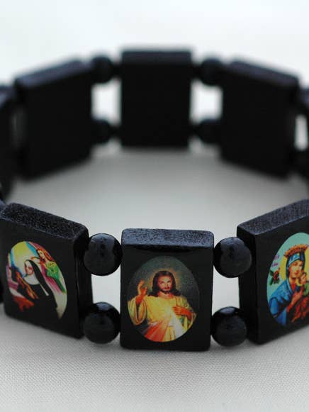 BVP10- Spirituelles brasilianisches schwarzes Perlenarmband mit Heiligen für den Großhandel von Contreras Designs