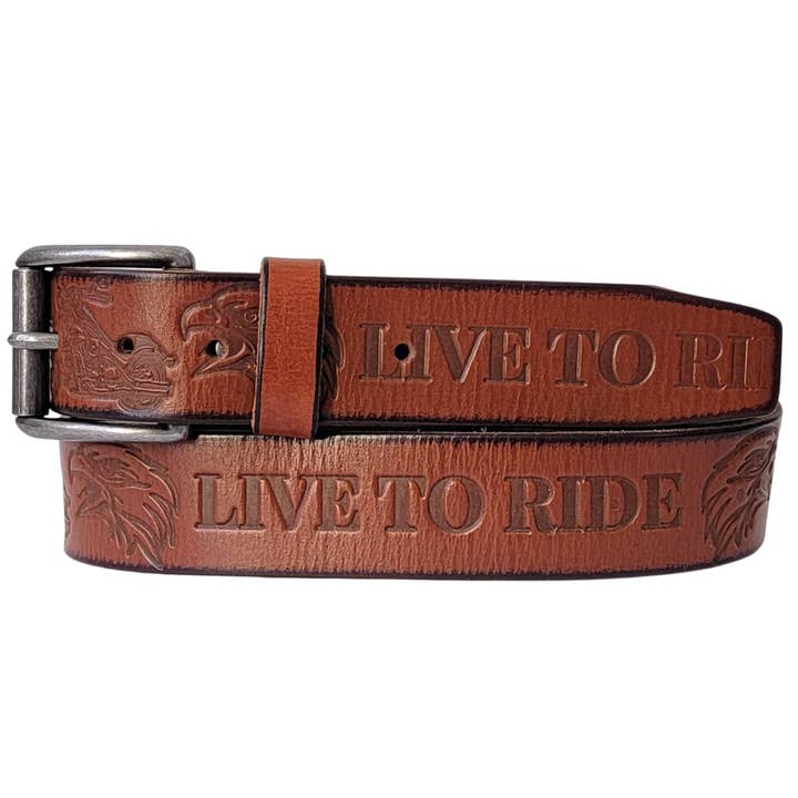 NAB LEATHER - Venta al por mayor Cinturón - Hombre - Cinturón motero Live to Ride, 100% piel de plena flor, color coñac