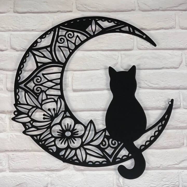 Panneau en métal « Chat sur la lune », décoration murale animalière pour la vente par Glow Neon