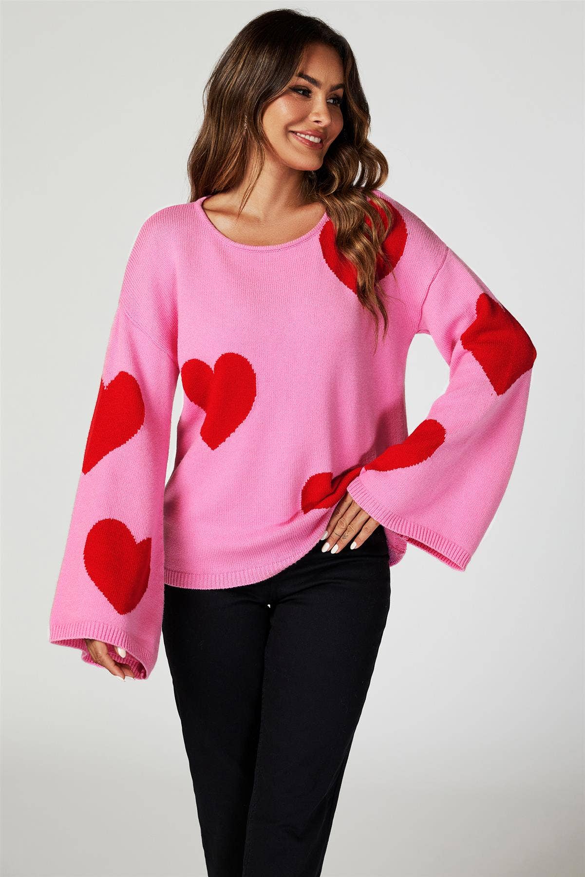Wide Sleeve Oversize Red Jumper With Pink Heart for wholesale on Faire2