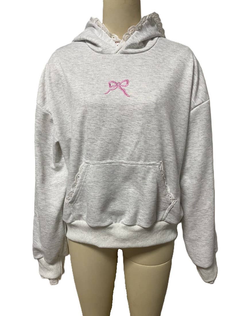 Grey Lace Trimmed Bow Embroidery Floral Hoodie for wholesale on Faire0