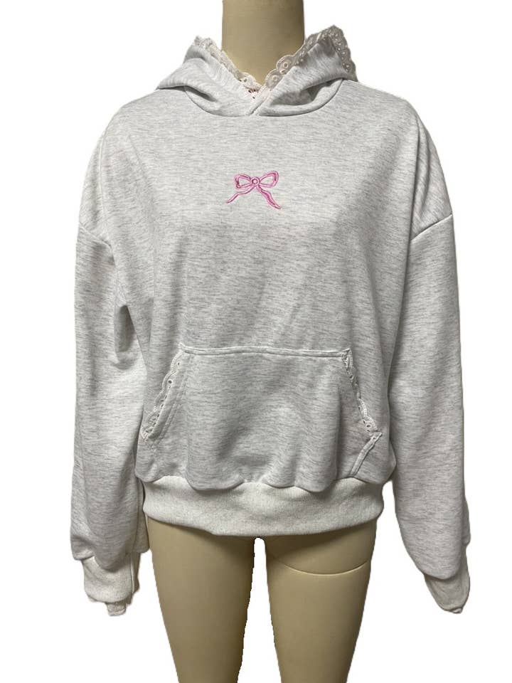 Grey Lace Trimmed Bow Embroidery Floral Hoodie for wholesale on Faire
