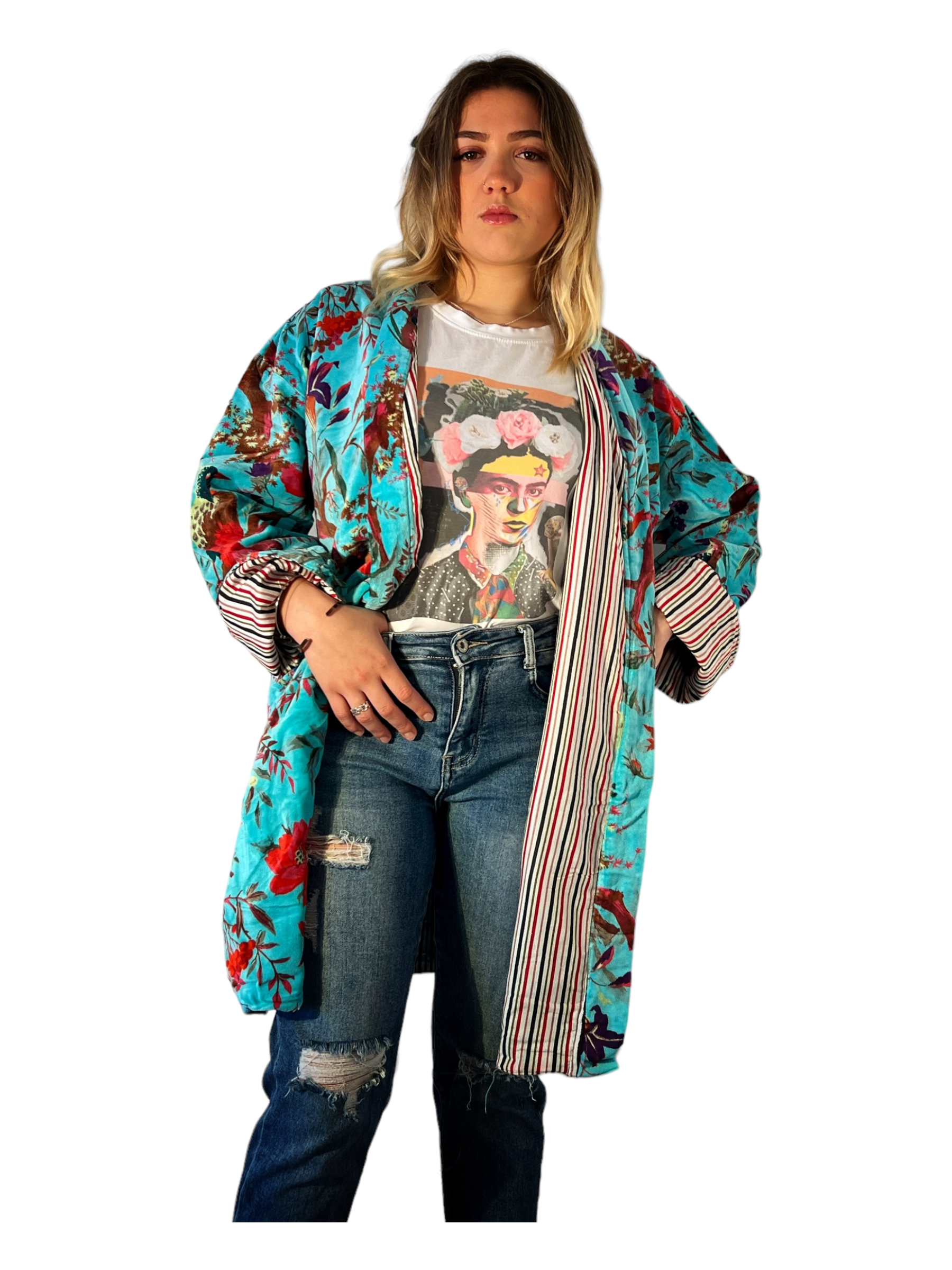 Kinomy – wholesale Rock - Dam – Mönstrad kappa i trehårig sammet med kimonomodell11