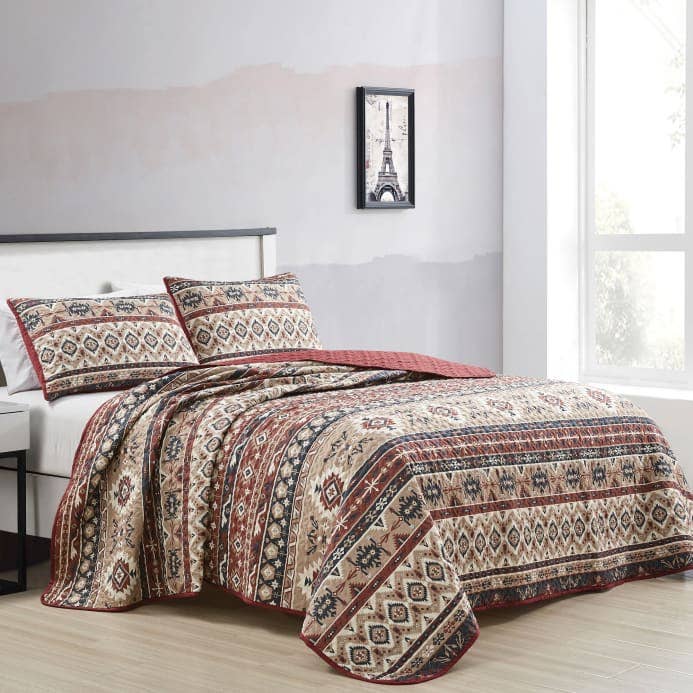 Linen Mart - Wholesale Bedding Set - Southwestern Maroon Desert Quilt Set