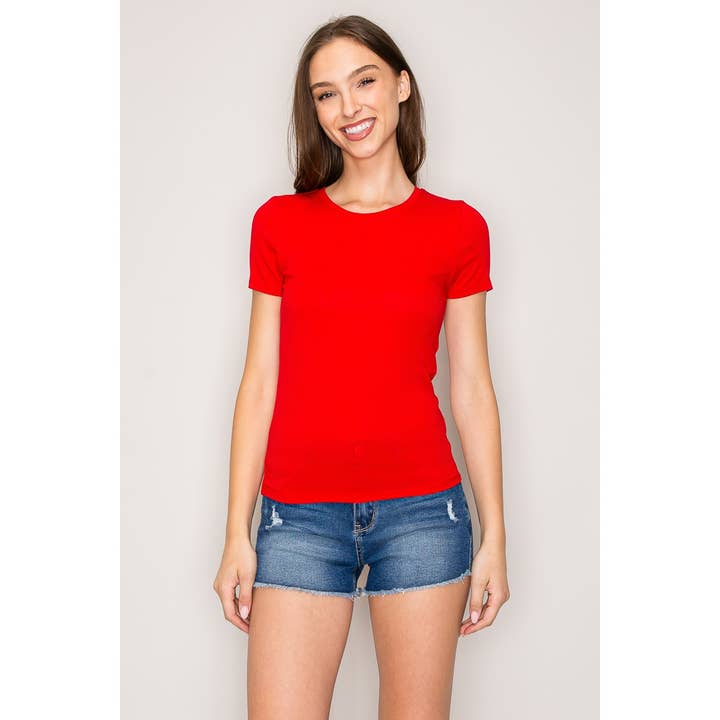 Popular 21 - Wholesale Knit Top - Women's - Classic Crew Neck Rayon Ribbed Short Sleeve Tee