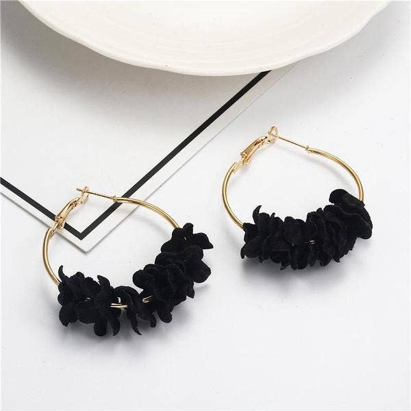 Koko and Lola - Wholesale Dangle Earrings - Black Cotton Multi Flower Hoop Earrings0