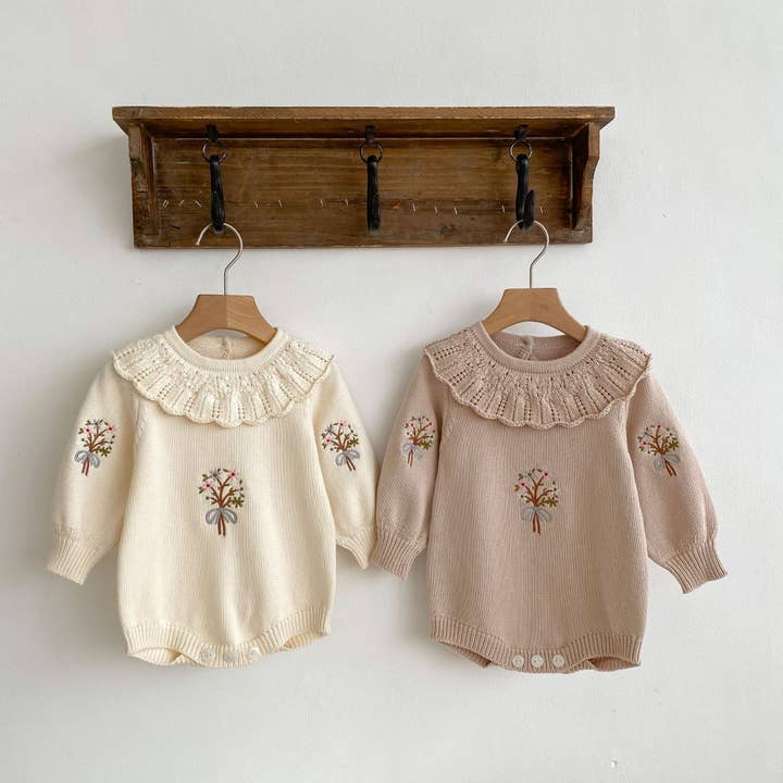 Höstdesign Babyflickor Blommor Broderimönster Långärmad Volangkrage Stickad body för wholesale av MyKids-USA®
