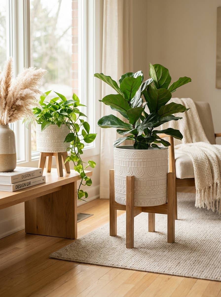 Flora Bunda Inc - Wholesale Plant Pot - Set of 2 White Embossed Planters with Wooden Stands – Décor2