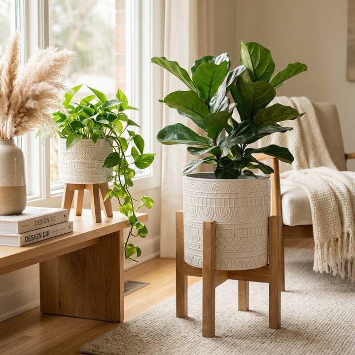 Flora Bunda Inc - Wholesale Plant Pot - Set of 2 White Embossed Planters with Wooden Stands – Décor2