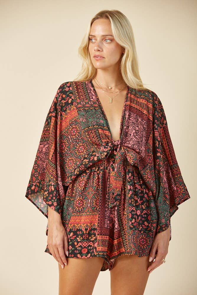 BLACK MULTI BATWING SLEEVED BOHO MIX PRINT ROMPER W4411RJ for wholesale on Faire3