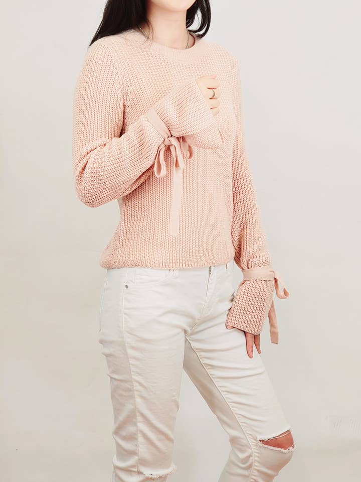 Mak - Wholesale Knit Sweater - Women's - Bow Bell Sleeve Waffle Knit Sweater Pullover MK82148
