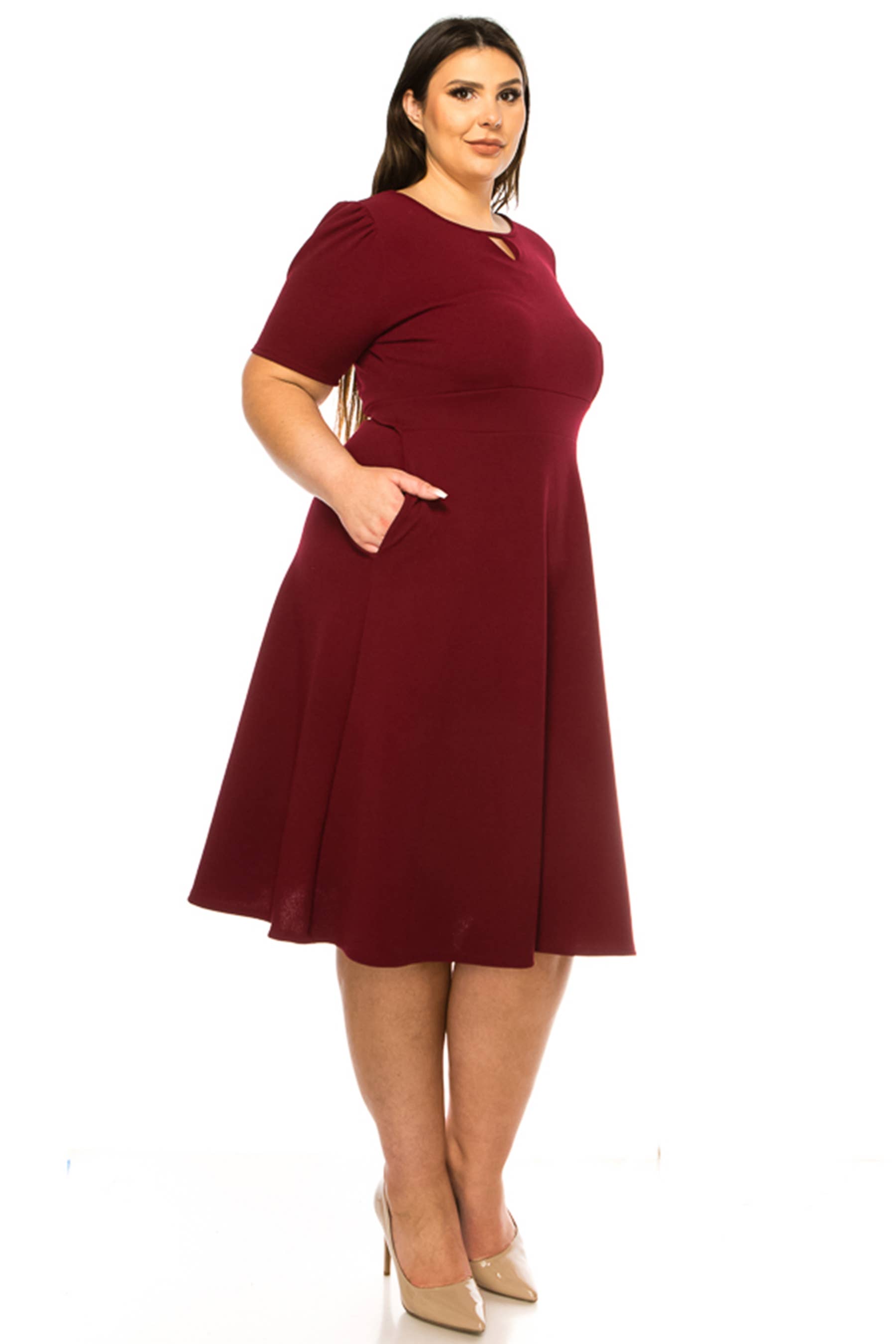MOA COLLECTION - Wholesale Dress - Women's - Women's Plus Size Dress with Puff Sleeves and Keyhole Front9