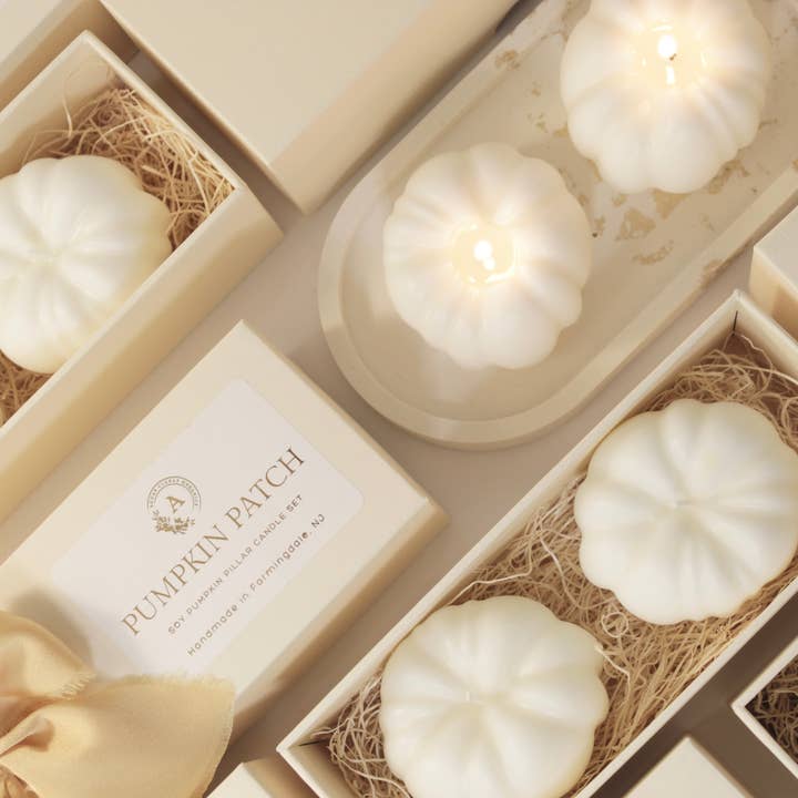 Pumpkin Patch Soy Pillar Candle Set for wholesale by Aguas Claras Organics
