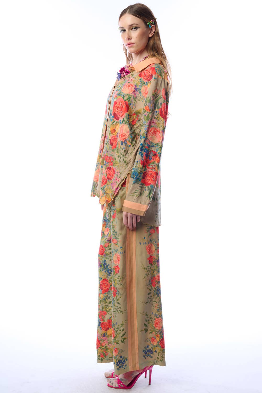 Vintage-Smaragd Roma-Hemd | Florales Button-Down-Hemd | Pailletten-Mesh-Detail für den Großhandel auf Faire5