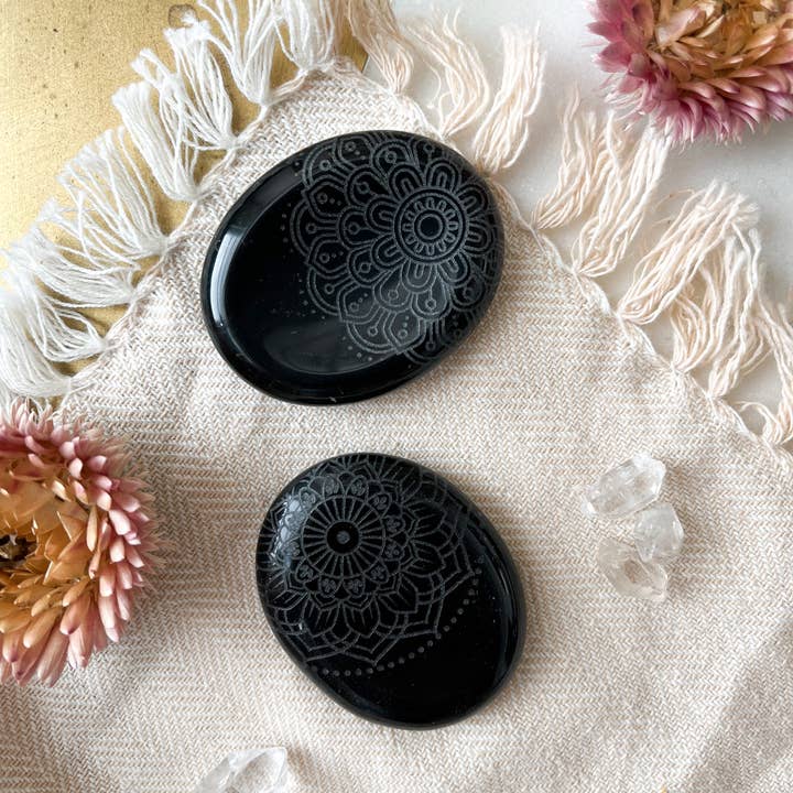 Etched Obsidian Worry Stone - Assorted Mandalas for wholesale by Fractalista Designs