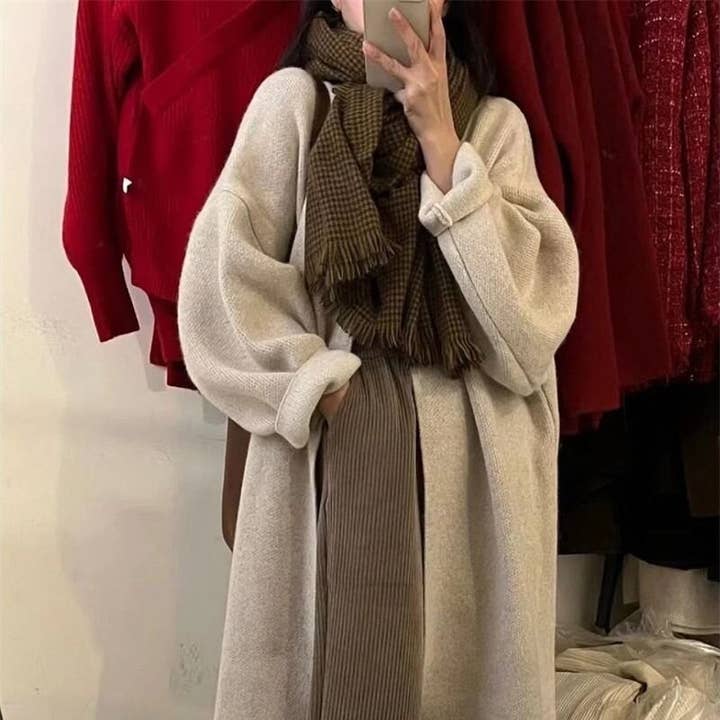 UZ Wholesale Store - Vendita all'ingrosso Cardigan - Donna - Maglione cardigan lavorato a maglia sopra il ginocchio di media lunghezza in tinta unita