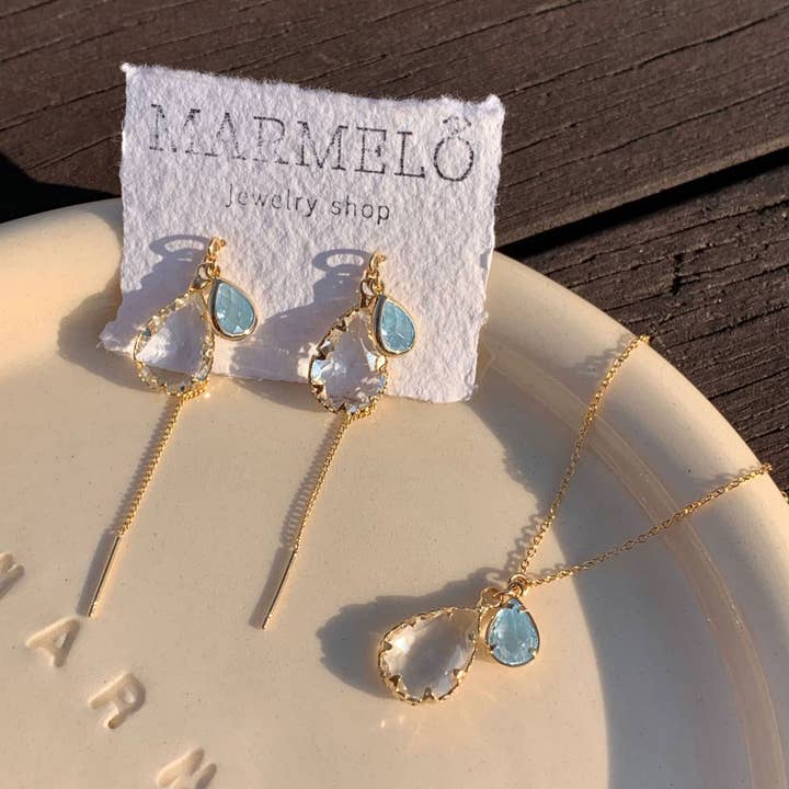 Dainty Teardrop Birthstone Threader Long Earrings & Necklace for wholesale by MARMELO