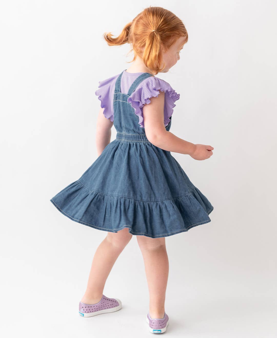 Blue Girls Light Wash Denim Overall Jumper Dress for wholesale on Faire1