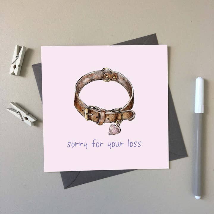 Biglietto di auguri simpatia disegnato a mano con collare per cani per la vendita all'ingrosso da parte di SJ. Vickery Designs Ltd.