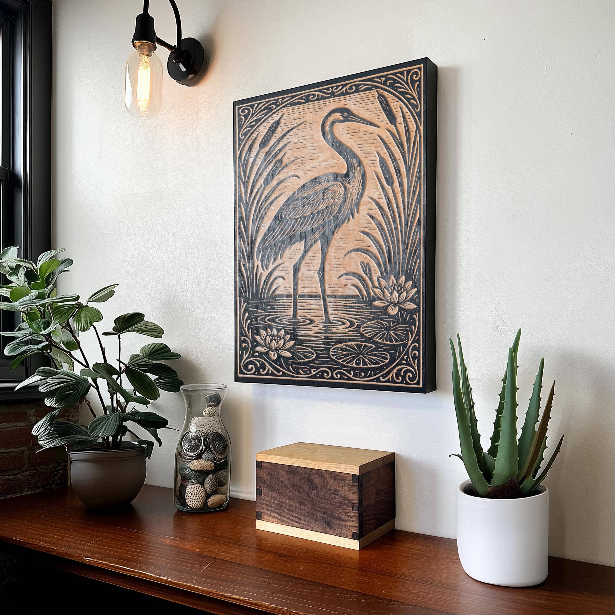 Benoit's Design Co. - Wholesale Wall Sign - Crane in the Lily Pond Engraved Birch Illustration3