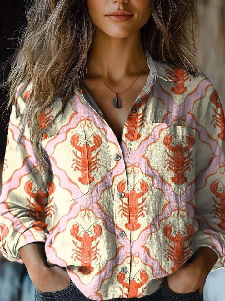 Lobster print Button-down shirts long sleeve for wholesale on Faire