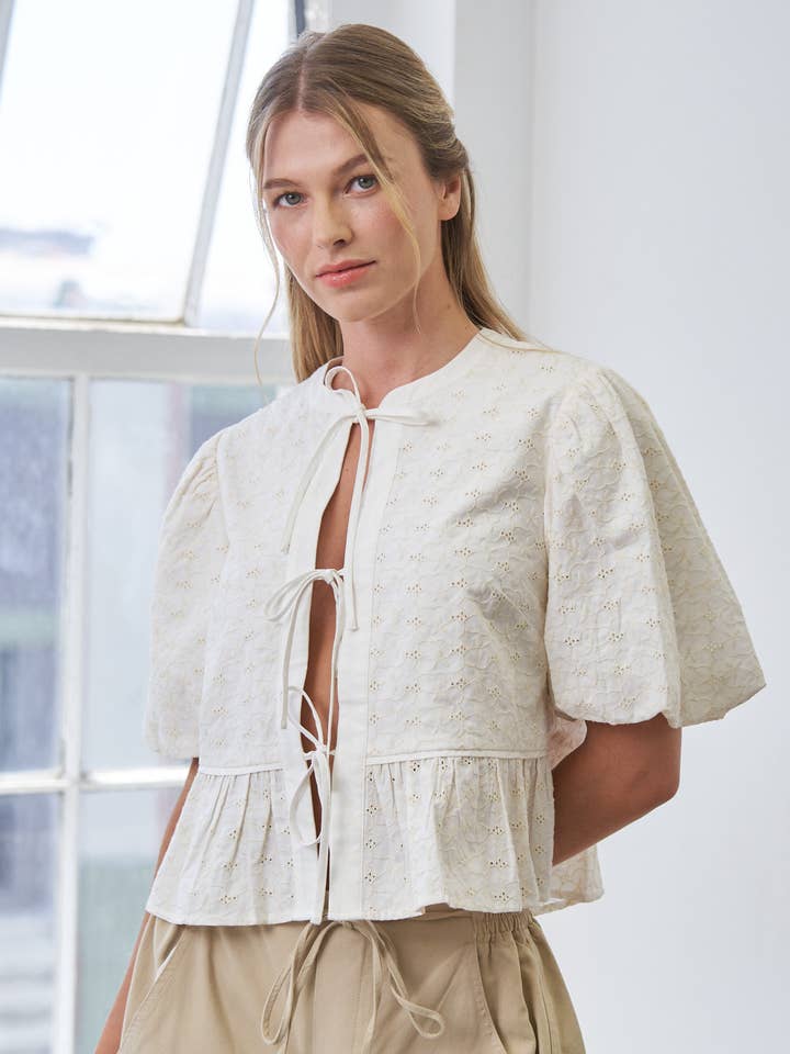 Short Sleeve Eyelet Tie Blouse for wholesale by In The Beginning