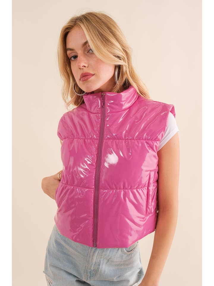 Blue B - Wholesale Outerwear Vest - Women's - 22656J - Gloss Shiny PU Quilted Puffer Zip Up Crop Vest8
