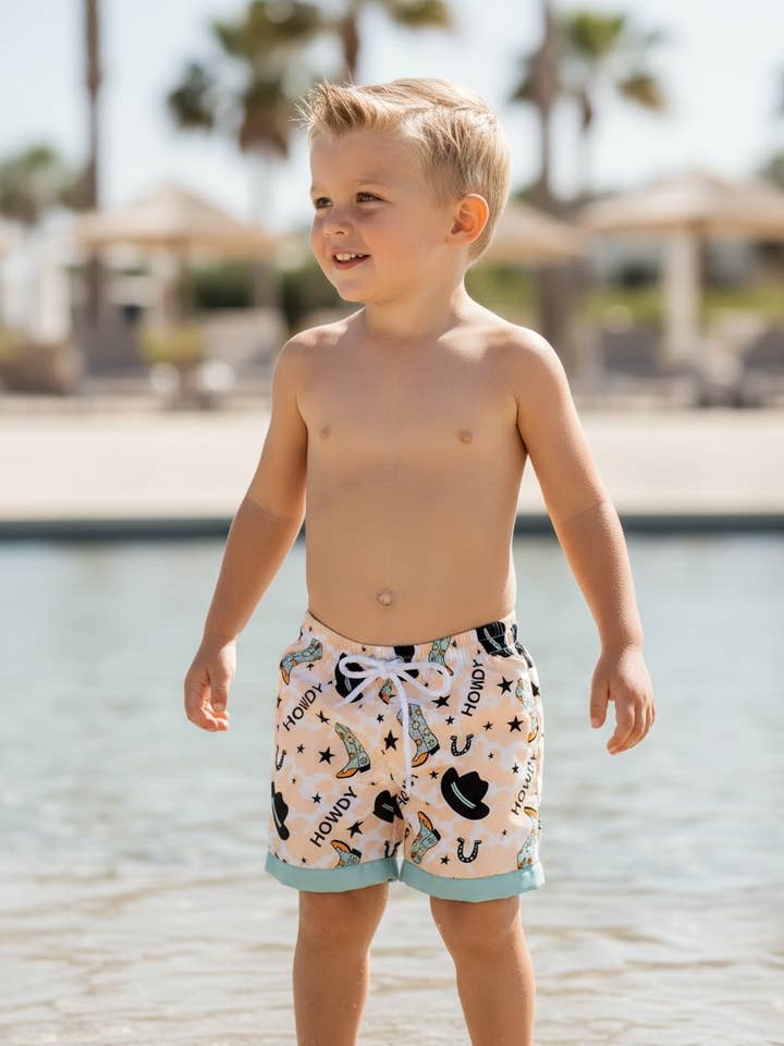 Howdy" Western printed swim shorts. SWB60022 AMY for wholesale by Kids Charm Online
