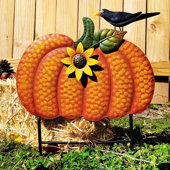 Land & Sea Metal Pumpkin with Sunflower and Bird Yard Art for wholesale by BestNest Inc