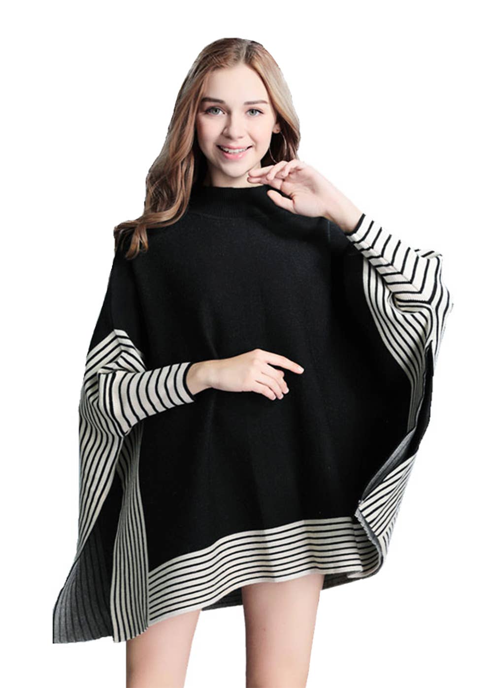 Fennco Styles – wholesale Poncho - Dam – Randig stickad pullover med fladdermusärm poncho-tröja10