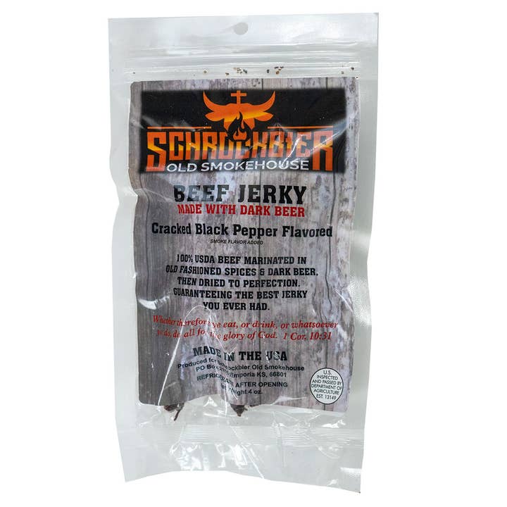 Jerky de boeuf mariné à la bière foncée/poivre noir 2 onces pour la vente par Schrockbier old Smokehouse