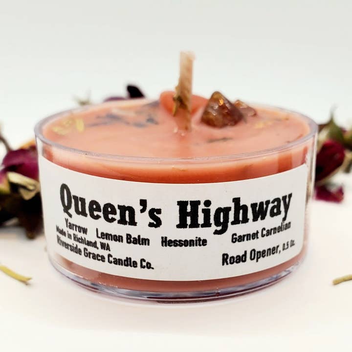 Road Opener & Clear Negativity - Queen's Highway Crystal Tealight, 0.5 Oz. for wholesale by Riverside Grace Candle Co.