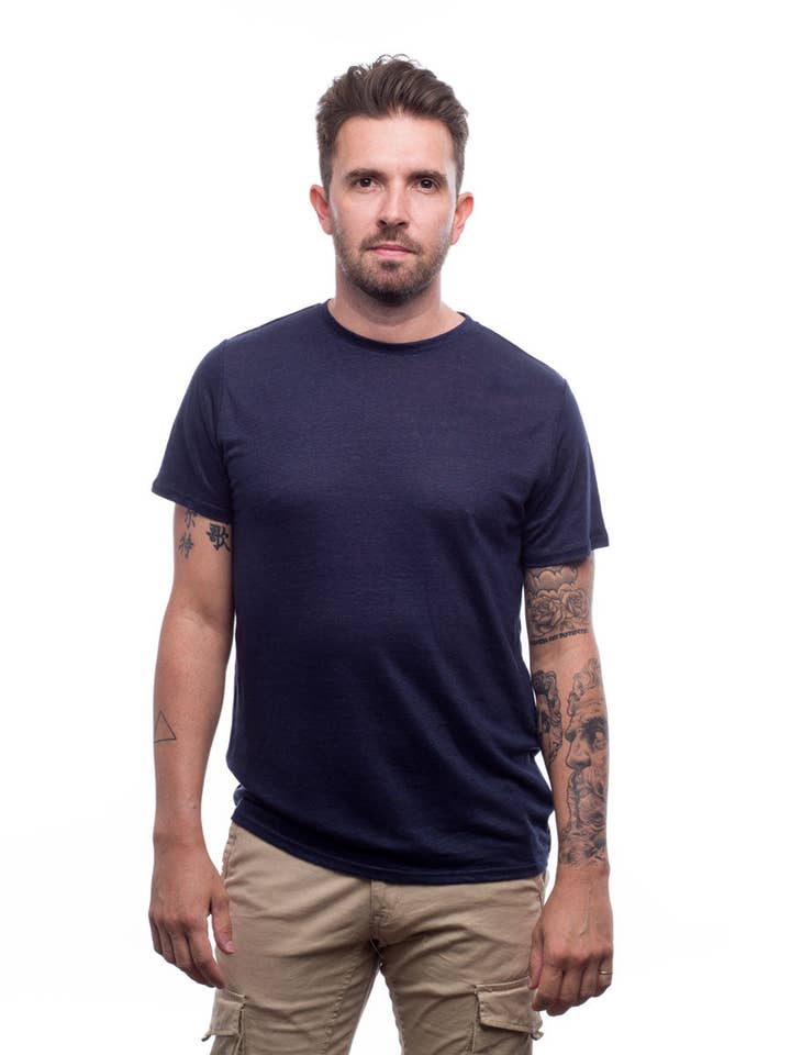 Camiseta azul para hombre con cuello redondo para venta al por mayor de PangoLin