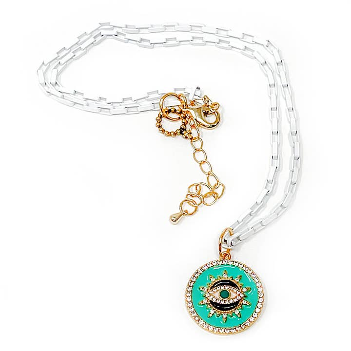 18" White Enameled Barrel Link Necklace paired with a protective eye for wholesale by PowerBeads by jen