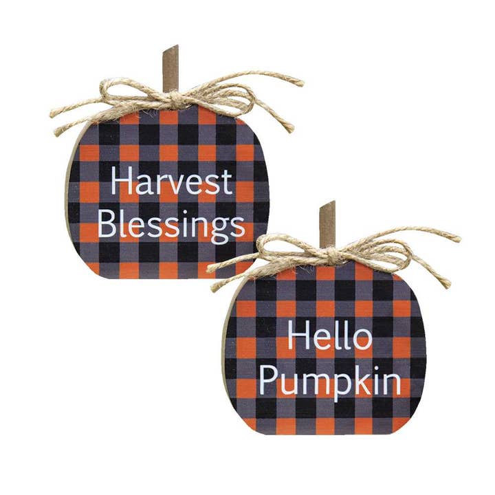 Harvest Blessings Buffalo Check Pumpkin Sitter, 2 Assorted for wholesale by The Hearthside Collection