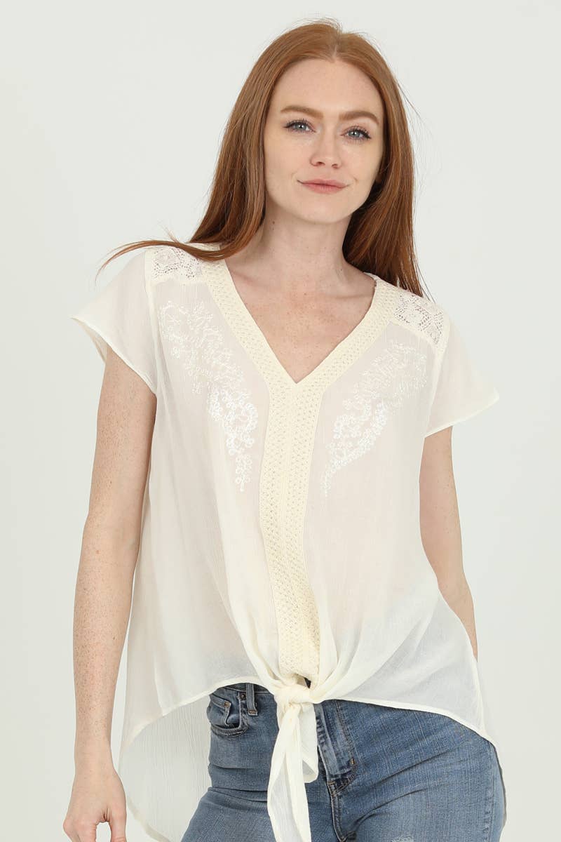 Nostalgia - Wholesale Blouse - Women's - N2U60-ASIS V NECK TIE WAIST TOP WTIH EMBROIDERY AND LACE24