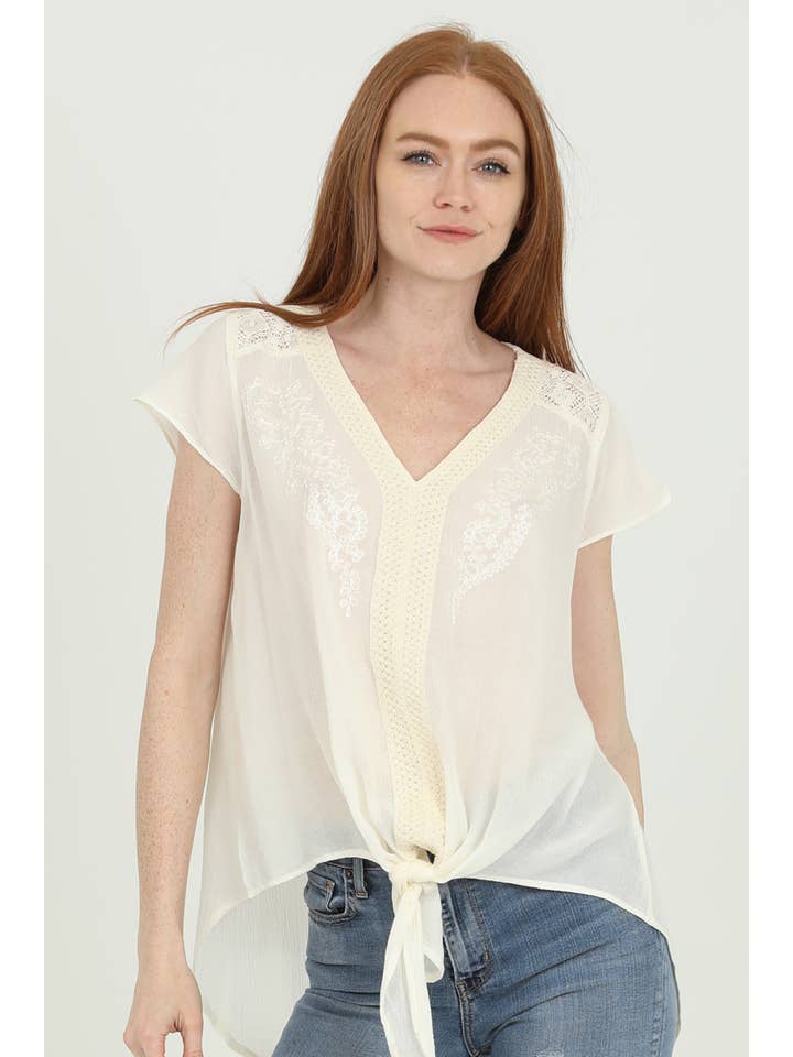 Nostalgia - Wholesale Blouse - Women's - N2U60-ASIS V NECK TIE WAIST TOP WTIH EMBROIDERY AND LACE24