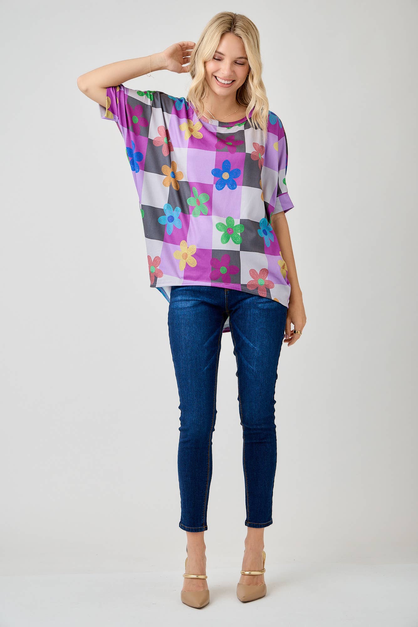 Celeste Clothing - Wholesale Tunic - Women's - WOMEN'S PLUS SIZE CHECKERED FLORAL TOP WITH HIGH-LOW HEM  
18