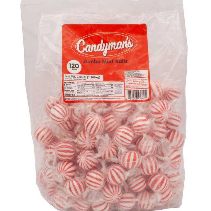 Long Island Candy Factory - Wholesale Mints - Candyman Jumbo Red White Mint Balls 120 Ct 2.64 Pound