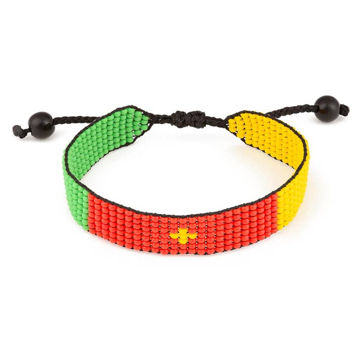 Cameroon Flag Bracelet: Handmade Bracelet, Adjustable Beaded Boho-Style Rope Bangle with Patriotic Design for wholesale by Fahari Luxury