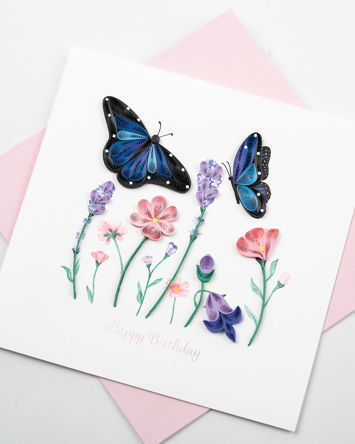 Quilling Card - Wholesale Birthday Card - Quilled Birthday Flowers & Blue Butterflies Greeting Card1