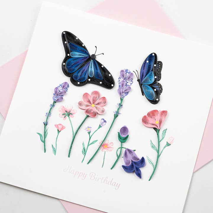 Quilling Card - Wholesale Birthday Card - Quilled Birthday Flowers & Blue Butterflies Greeting Card1