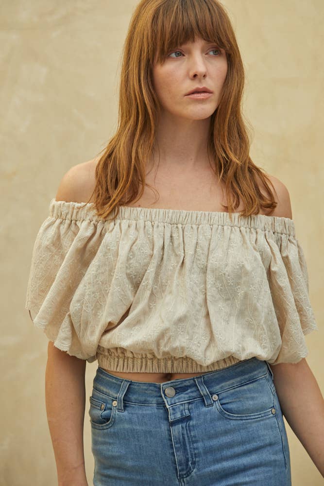 Almond L6210 | Woven Cotton Embroidery Off The Shoulder Crop Top for wholesale on Faire1