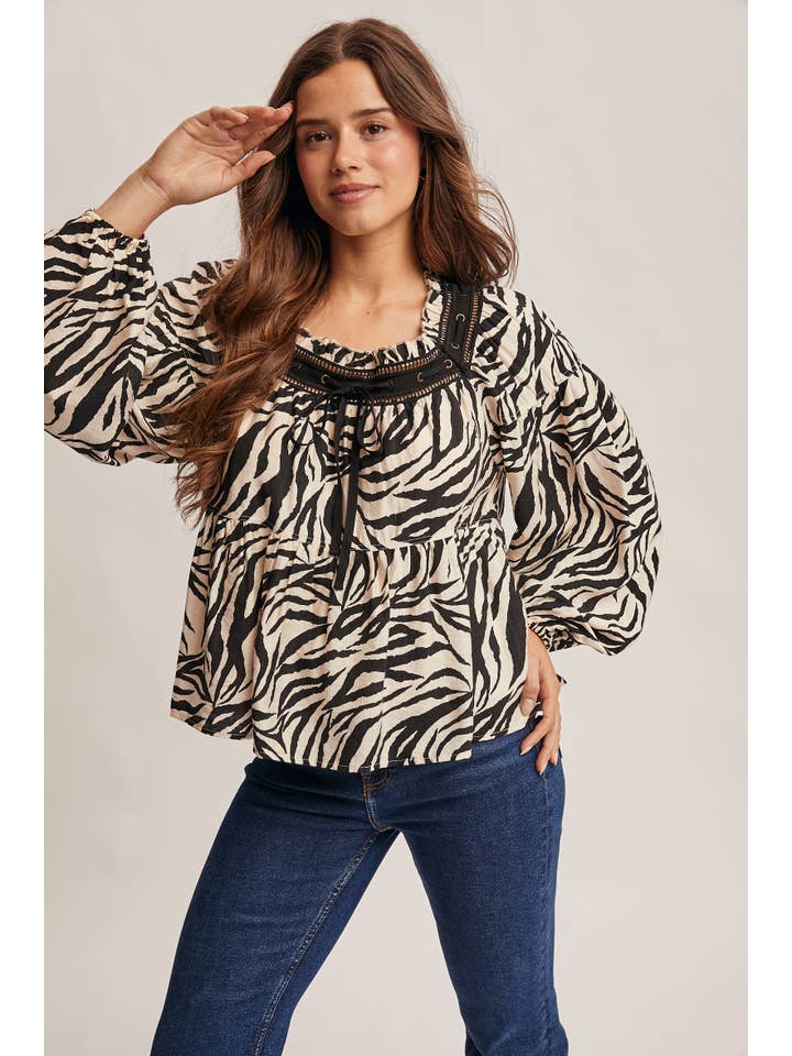 Forte - Wholesale Blouse - Women's - Zebra Jacquard Blouse with Faux Leather Trim FT00235