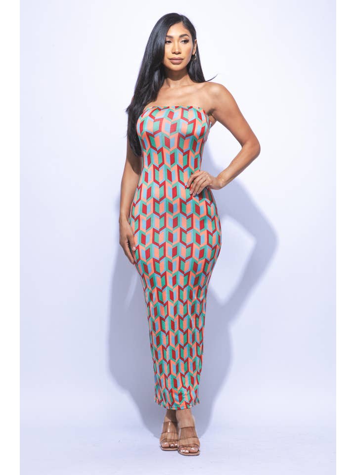 K Too - Wholesale Dress - Women's - Multi colored geo print tube maxi dress12