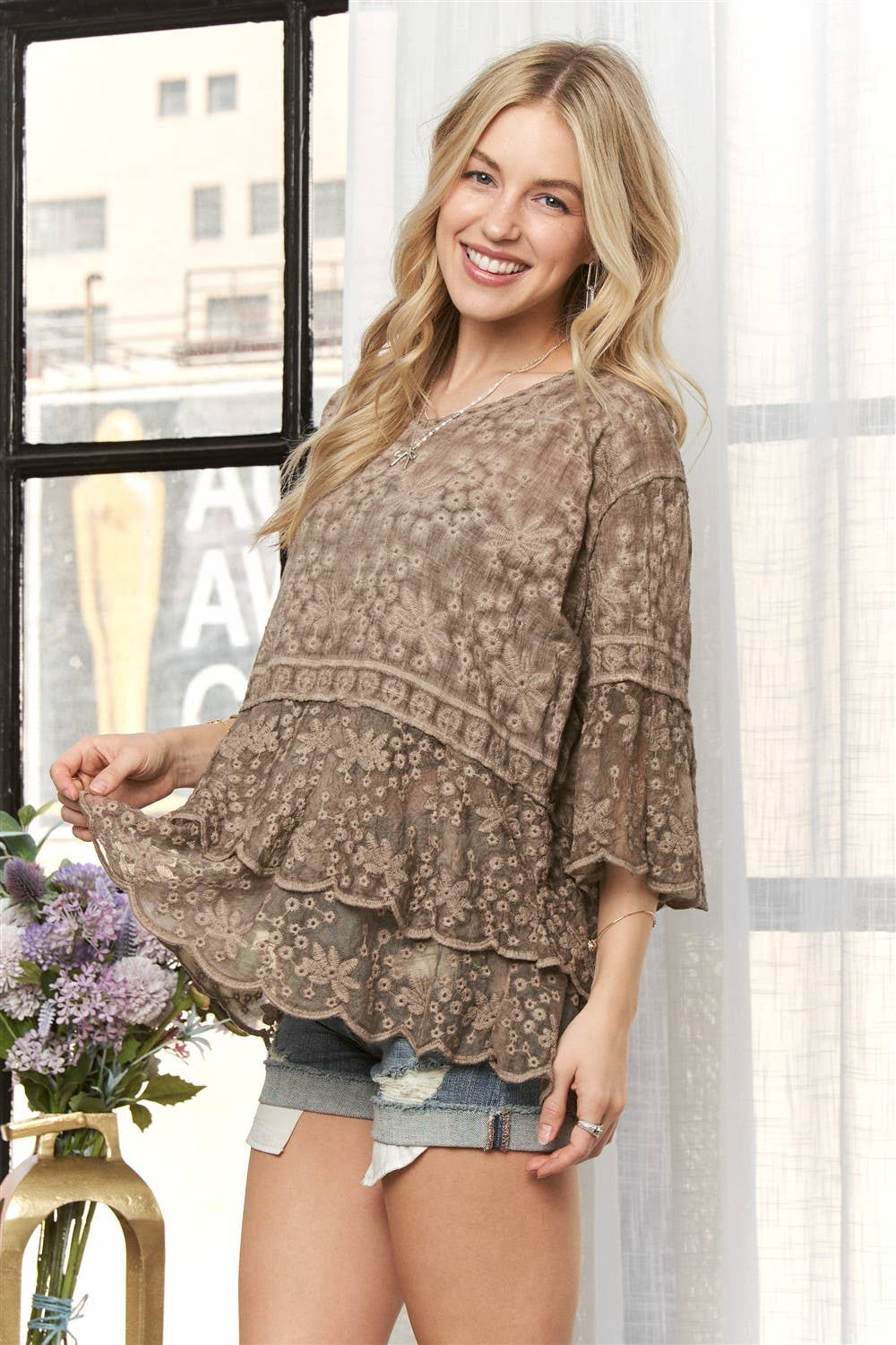 ADORA LA – wholesale Blus - Dam – CET3907 - 3/4 ÄRMAR SPETSBLOUS1