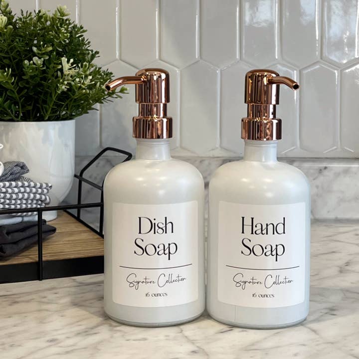 15-ounce White Matte Soap Dispenser Signature Label for wholesale by Blush Apothecary